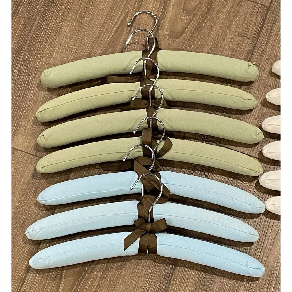Vintage 15 inch Fabric Padded Hangers Set of 13 Ivory, Blue & Green Excellent